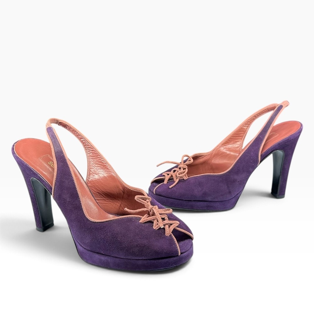 Y2K Sergio Rossi Purple Suede Lace Up Peep Toe Platform Slingback Heels, 36.5
